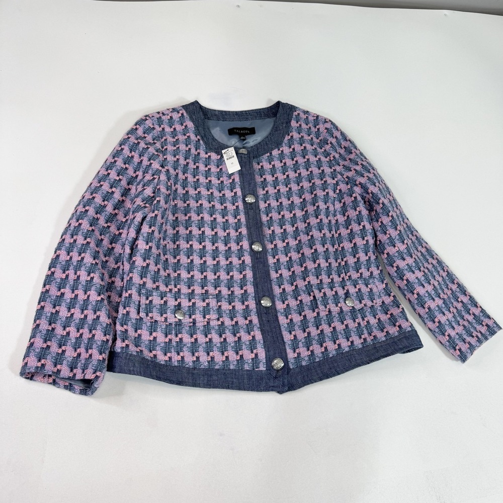 Talbots Jacket Womens 12 Blue Pink Tweed Button Front Textured Blazer Classic